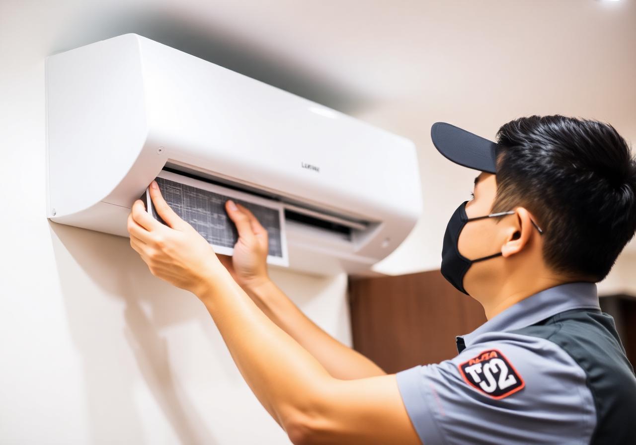 Aircon filter servicing in a Singapore home