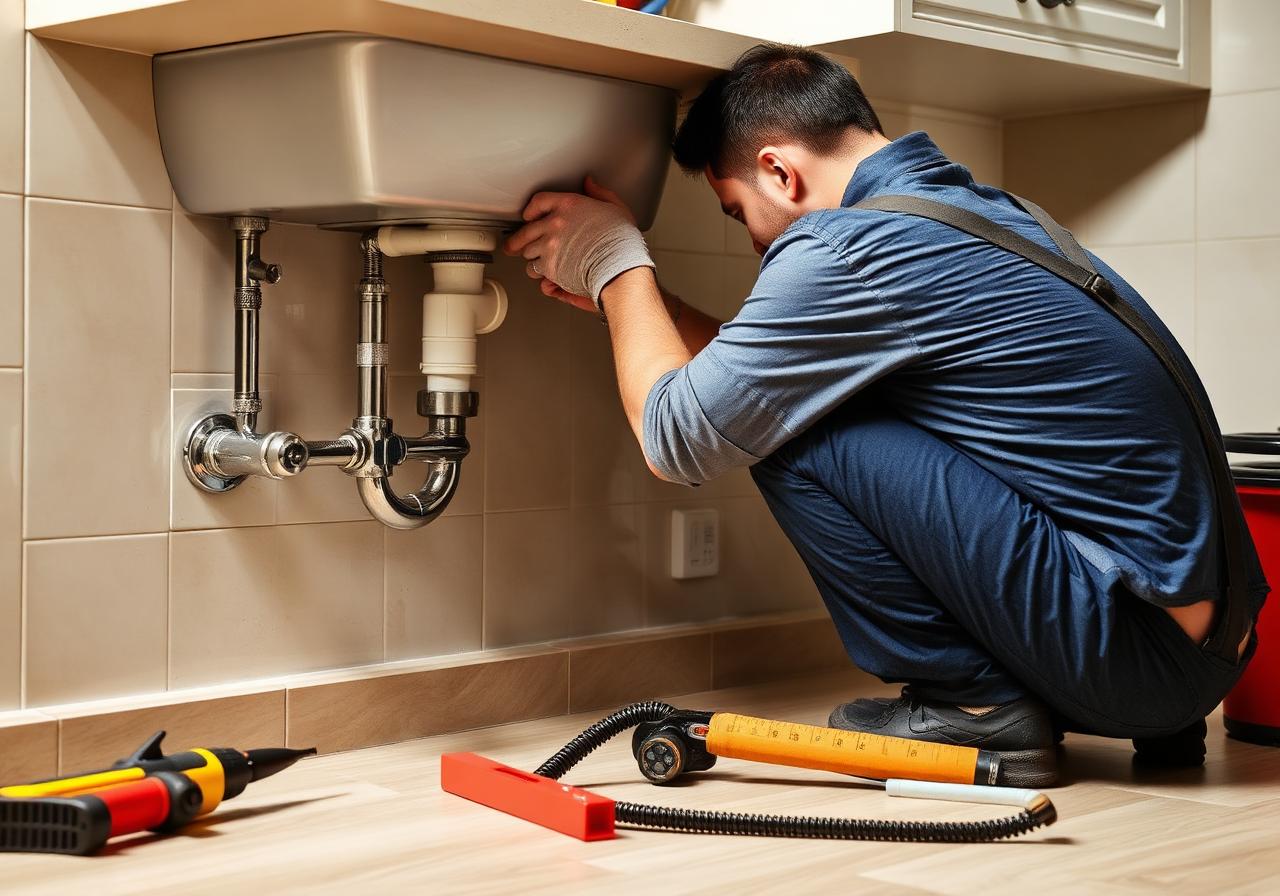 Plumber fixing pipes under kitchen sink